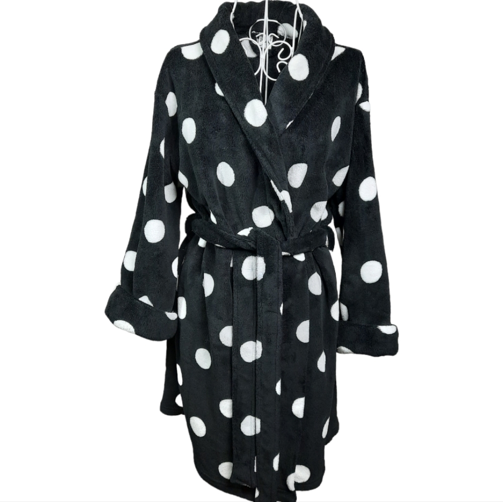 VS PINK Plush Fleece Black & White Polka Dot Wrap Robe SZ M/L